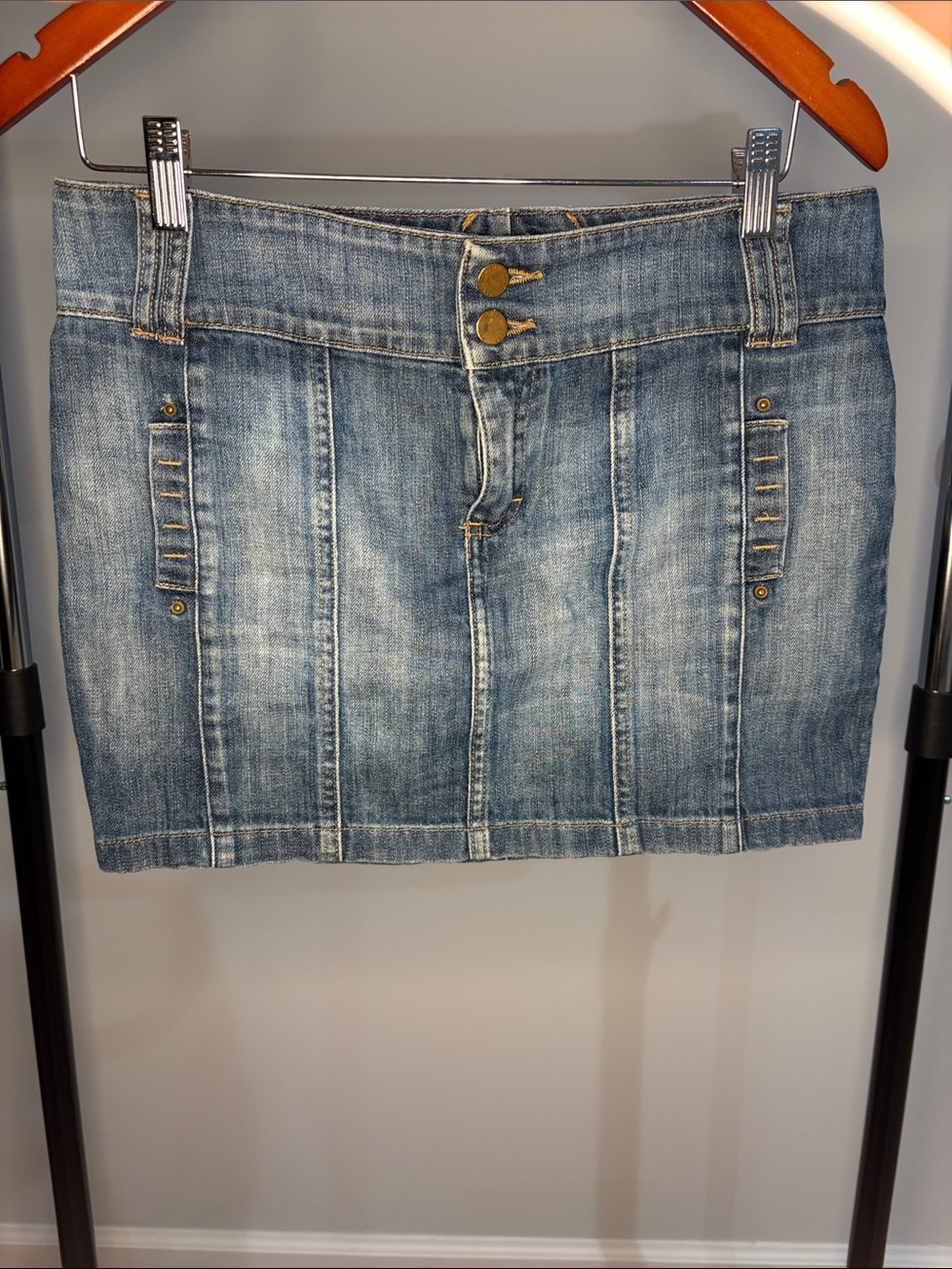 Zara light blue denim mini skirt with double button waist